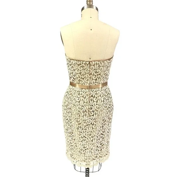 80s VTG Jessica McClintock Gold Satin/Lace Overlay Strapless Party Dress Sz  M